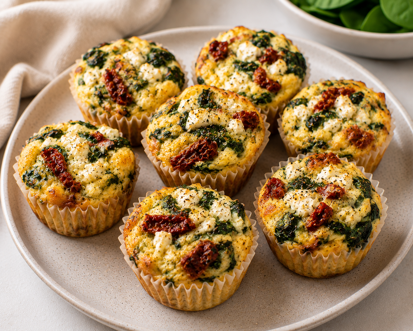 AI generated image of homemade sun-dried tomato, spinach, feta, & egg muffins
