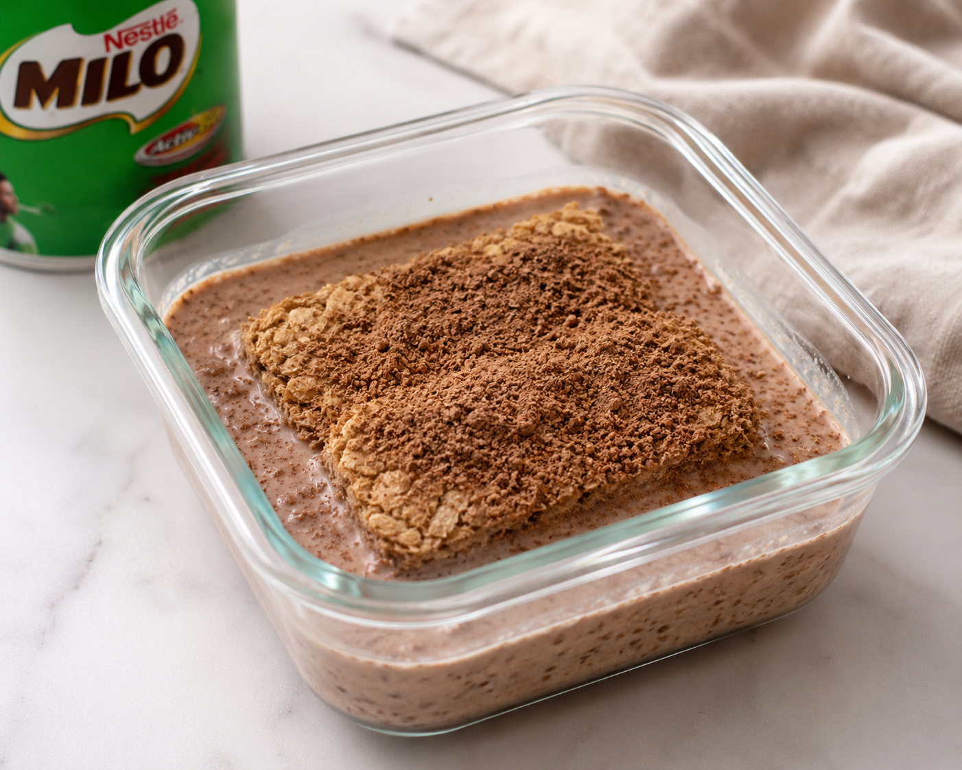 AI generated image of overnight weetbix with milo tin adjacent